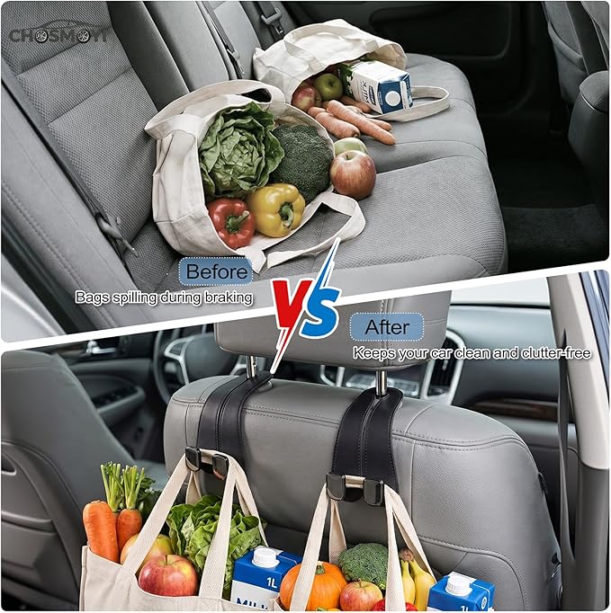 CHOSMOYI 2 Packs Car Seat Hooks, Leather Car Headrest Hook, Car Purse Hook Seat Back Hanger Storage Organizer, Car Hook for Purses and Bags(Black)