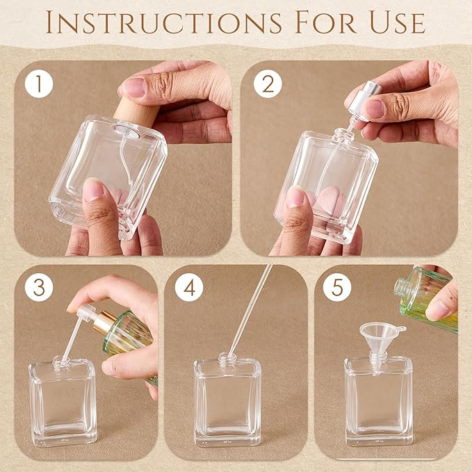 Domensi 15 Pcs 10/15/30/50 ml Glass Perfume Bottles Mini Glass Empty Spray Atomizer Bottles Bulk Refillable Perfume Dispenser Container with Pump Tool for Travel Skin Care (50 ml,Light Woddy Color)