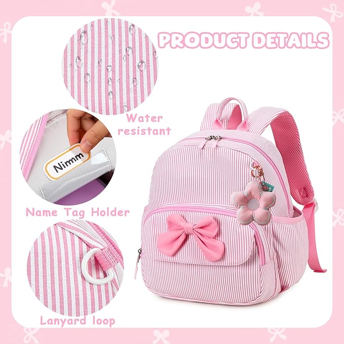 BTOOP Toddler Backpack for Girls 2-4 Preschool Kindergarten Backpacks with Insulated Pocket Cute Kids Daycare Bags School Travel (Pink Bow Stripes)