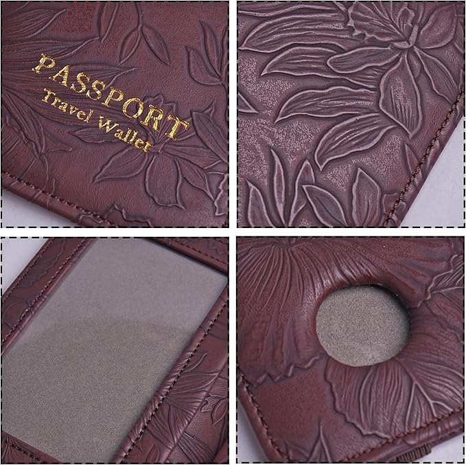 lizimandu Passport Holder with Airtag Slot, Airtag Passport Wallet for Men Women, Slim Leather Passport Holder Case Family for Travel Anti-Lost(1-Carved Dark Brown)