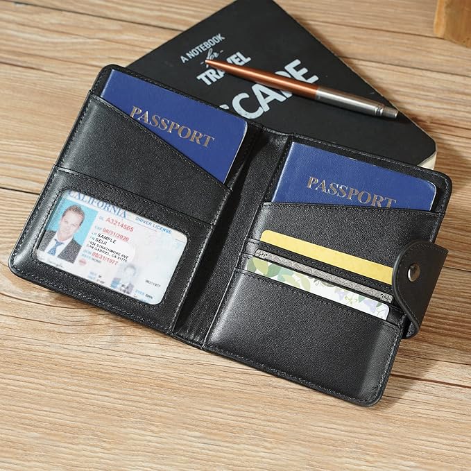 Polare Napa Leather Slim and Soft RFID Blocking wallet For Men Snap Bifold Travel Wallet Passport Holders 2 Passports (Black)