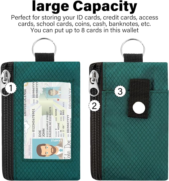 Minimalist RFID Wallet with Lanyard, Multi-Functional ID Case with 2 Zipper Pockets and Key Chain for Men and Women, Tactical Badge Pouch Cards Holder, Coin Purse for Travel Sports-DarkGreen