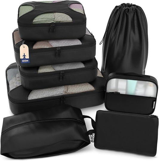 Shacke 8 Set Packing Cubes for Travel – Complete Luggage Organizer Set with Laundry, Shoe, Toiletry & Accessories Bag, Suitcase Travel Organizer (Black)