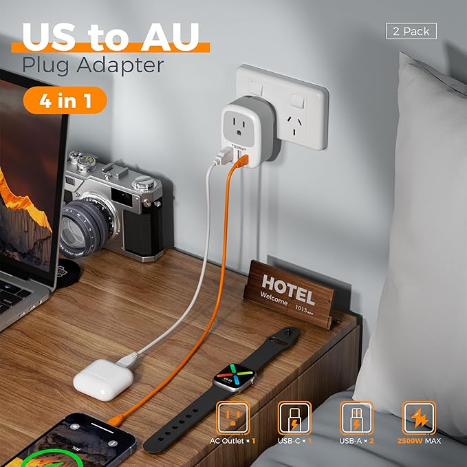2 Pack New Zealand Power Adapter, TESSAN US to Australia Plug Adapter with 1 Electrical Outlet 3 USB Ports (1 USB C), Type I Travel Outlet Adaptor for USA to Australian Argentina China Fiji AU