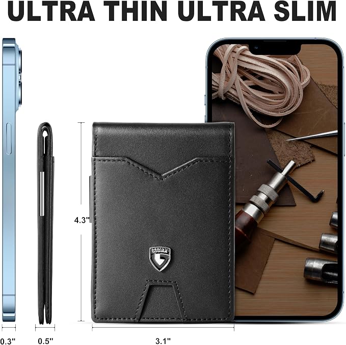 GSOIAX Slim Wallet for Men Rfid Blocking Leather Bifold Front Pocket Carbon Fiber Men's Money Clips Credit Card Holder With Gift Box