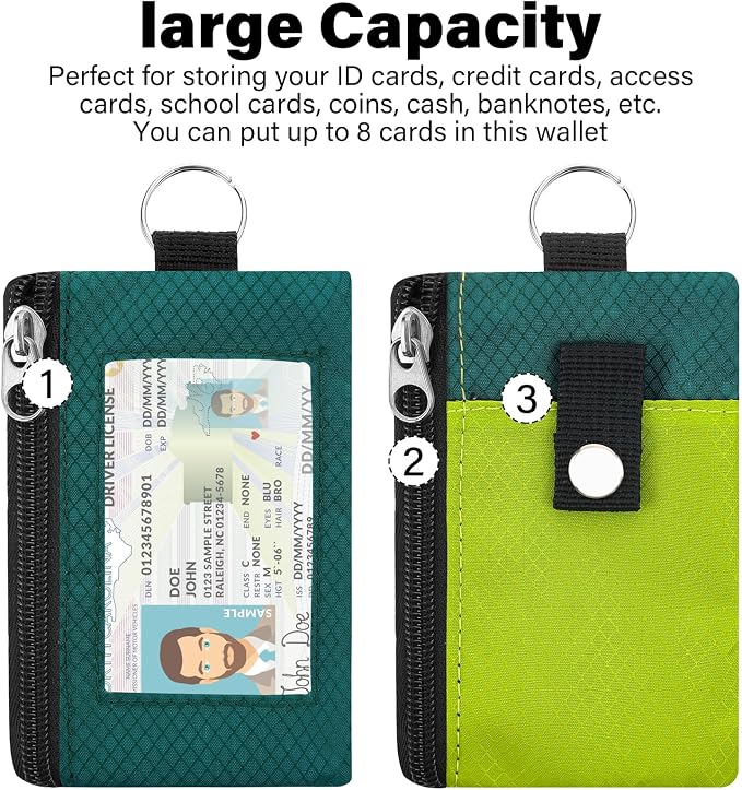 Minimalist Small Wallet for Men Women with 2 Zip Pockets, Multi Functional ID Case with Keychain and Card Holder, Coin Purse Badge Lanyard Pouch for Boys Girls Travel -YellowGreen+DrakGreen