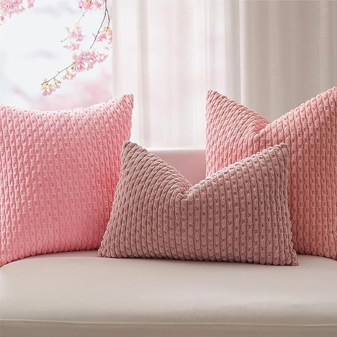 Kevin Textile Valentines 14x20 Inch Pillow Cover 1 Pack Boho Decorative Soft Striped Corduroy Lumbar Farmhouse Accent Rectangle Cushion Case for Living Room Couch Sofa Bed, Pink