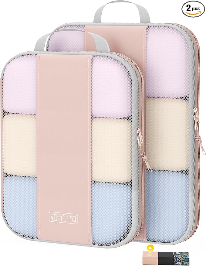 2 Set Compression Packing Cubes for Travel Essentials,Compressible Expandable Packing Cubes for Suitcase,OlarHike Luggage Garment Bags for Travel,Handy Helper for Organizing Clothes(Beige)