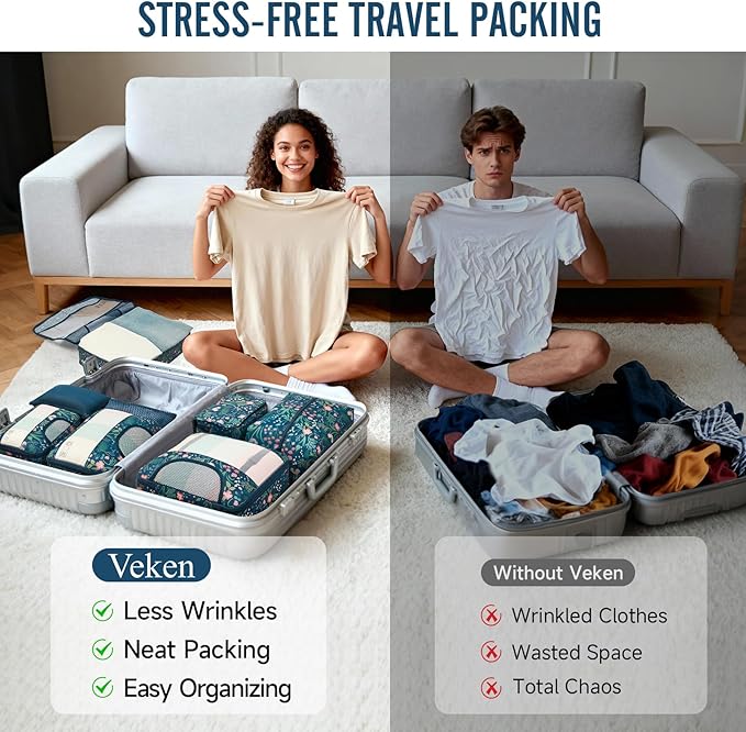 Veken 8 Set Packing Cubes for Travel Essentials,Anti-Wrinkle Buckled Suitcase Organizer for Shoe & Toiletry Bag,Carry On Luggage Bag for Airplane & College Dorm Room Accessories,Women Men Gifts