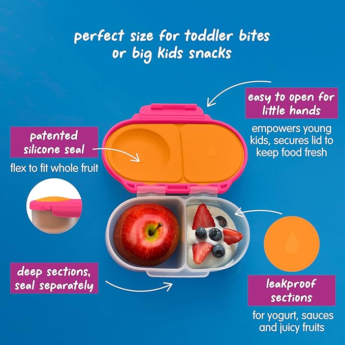 b.box Snack Box 2 Pack - Leak Proof Mini Bento Box for Kids & Toddlers, 2 Compartment Snack Containers for Kids, Dishwasher Safe, BPA Free, PFAS Free, Ages 4m+, 1 3/4 Cup Each (Strawberry + Indigo)