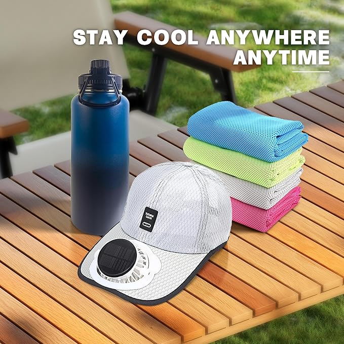 3-Piece Cooling Set for Summer Sports & Game Day, Solar Fan Hat, Insulated Water Bottle, Instant Cooling Towels, Soccer Events, Stadium, Travel, Outdoor Work Essentials