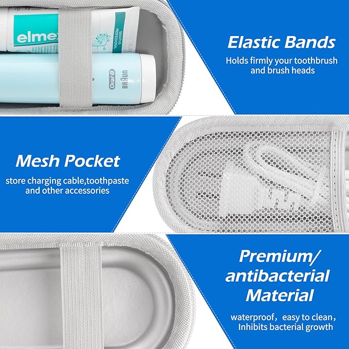 Toothbrush Travel Case for Oral B/Oral-B Pro 1000 1500 5000 7000 & Philips Sonicare 4100 1100 5300 5100 6100/iO Electric Toothbrush, Hard Protective Storage Bag (Silver case&toothbrush cap)