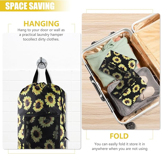 Olosar Laundry Bag Backpack, 2PCS Extra Large Travel Laundry Bag with Mesh Pocket & Adjustable Shoulder Straps,Dirty Clothes Travel Bag for College Students Dorm,Apartment(Sunflower)