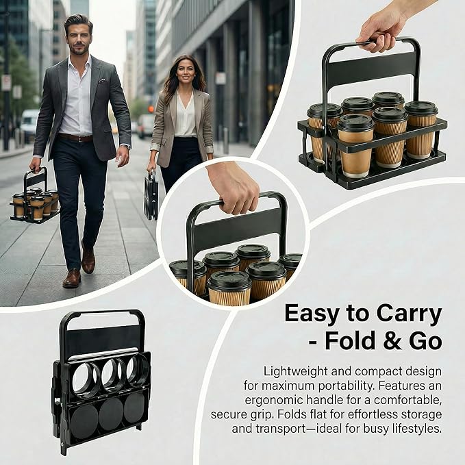 6 Cup Drink Carrier for Delivery - Foldable Drink Holder with Handle, Reusable Cup Carrier for Drinks, Portable Beverage Caddy Accessories for Parties, Camping, Car, Coffee & Bottles (Black)