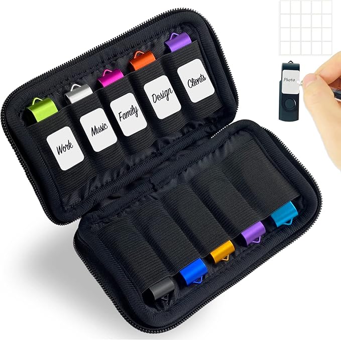 JBOS 10 Slots Neoprene USB Flash Drive Case with 20 Identification Labels,Anti-Static Thumb Drive Organizer Bag, Slim Portable Memory Stick Storage Pouch for Travel, Office & Home, Black