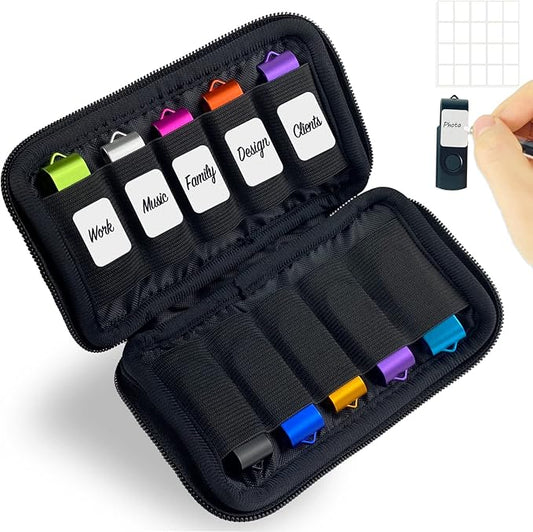 JBOS 10 Slots Neoprene USB Flash Drive Case with 20 Identification Labels,Anti-Static Thumb Drive Organizer Bag, Slim Portable Memory Stick Storage Pouch for Travel, Office & Home, Black