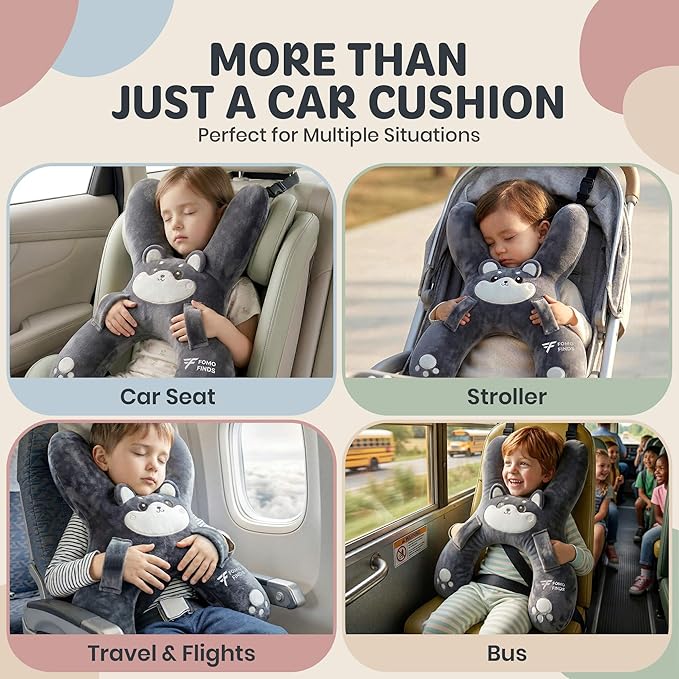 Kids Car Sleeping Pillow - H-Shaped for Neck & Back Support - Hands & Seat Belt Slot - Machine Washable & Compressible - Perfect for Car, Plane, Train, Boat & More - Grey