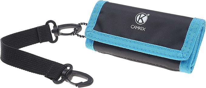 Memory Card Wallet - SD Card Storage - Slim and Foldable with Transparent Slots - Can Carry Up to 15 SD Cards - Straps with Tether Included - (Black/Blue)