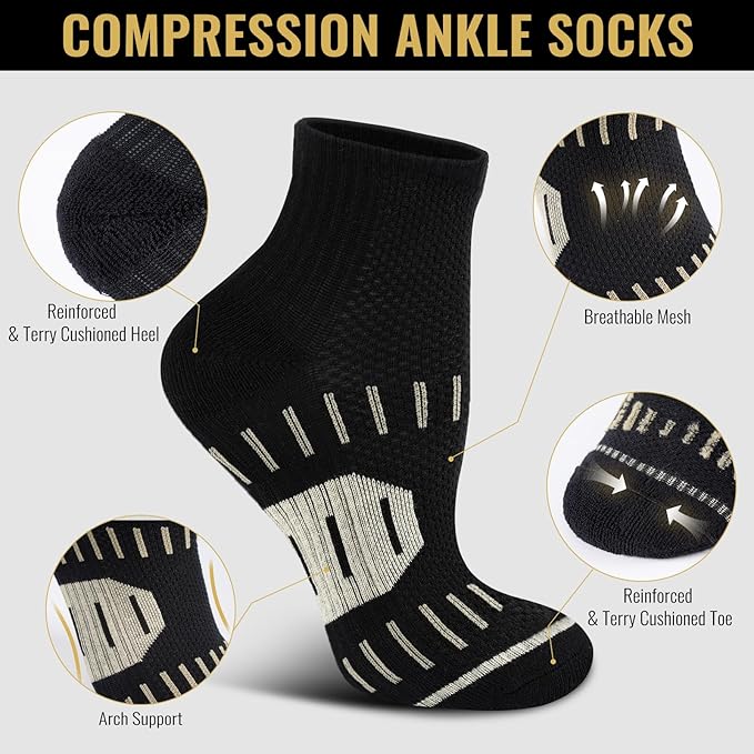Copper Ankle Compression Socks for Men and Women(6 pairs), Breathable Arch Support Short Running Socks
