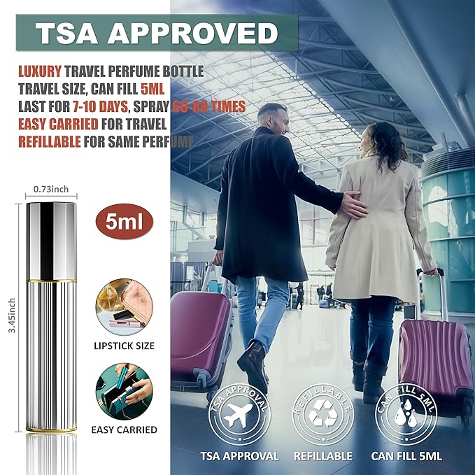 Perfume Travel Refillable Bottle Cologne Portable Atomizer Fragrance Scent Sprayer Pump Fill from Bottom Mini Pocket Size 5ml for Travel Essentials & Best Gift (Silver)