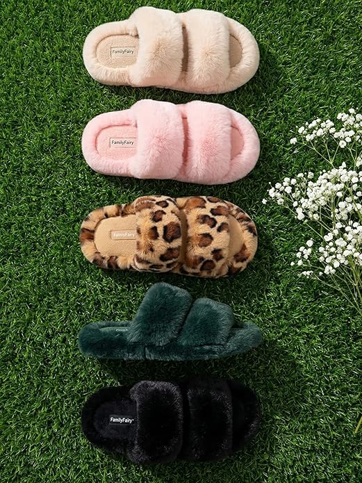 FamilyFairy Women's Fluffy Faux Fur Slippers Comfy Open Toe Two Band Slides with Fleece Lining and Rubber Sole