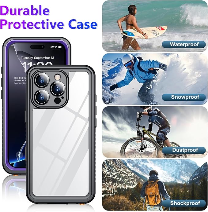 Compatible with iPhone 16 Pro Case Waterproof, Built-in Screen & Camera Protector IP68 Underwater Full Body 16FT Military Dropproof Shockproof Phone Case 6.3"-Purple/Clear