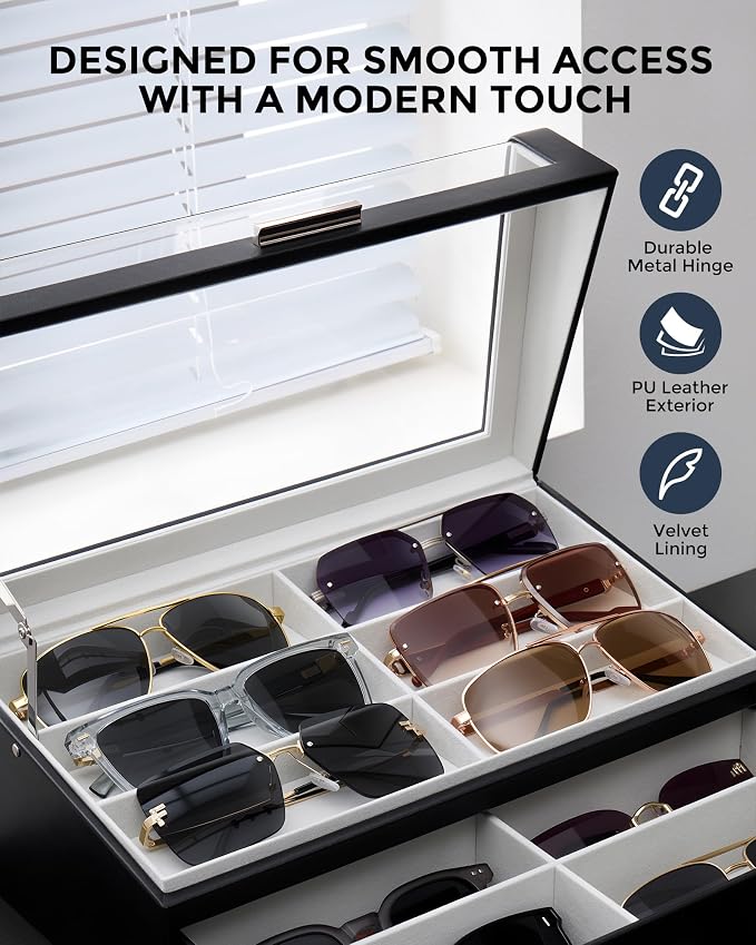 ProCase 12 Slots Sunglasses Box Organizer with L-Shaped Clear Lid, Multiple Pairs Glasses Display Holder Eyewear Eyeglass Eye Glass Storage with Drawer for Men -Black