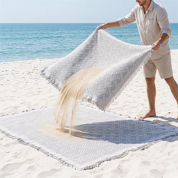 70x70 Bohemian Picnic Mat Extra Large, Sand Proof Outdoor Camping Blanket Machine Washable, Lightweight Portable Travel Tarp for 5-7 Adults Beach Park Grass (Brown-T-Grid)