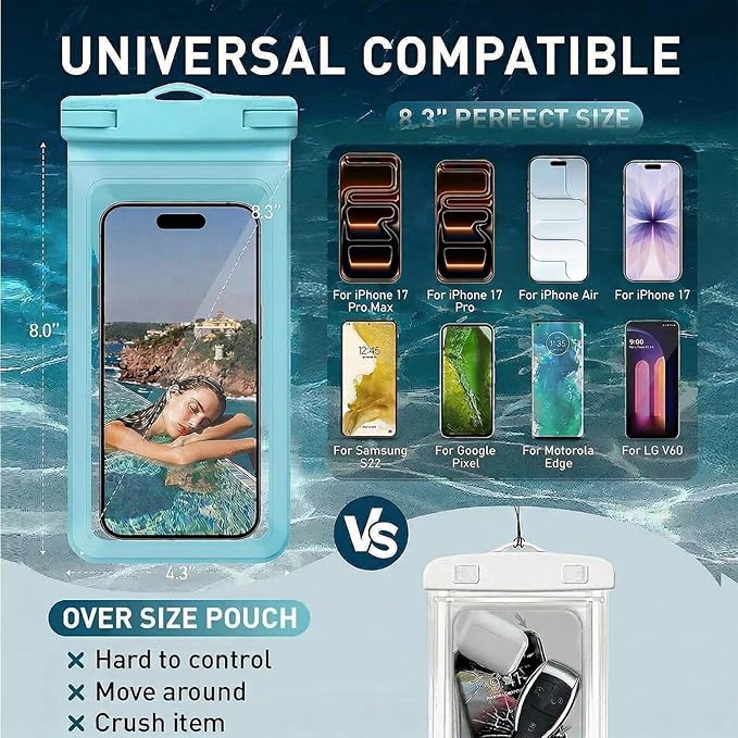 Waterproof Phone Pouch, with Interior Card Pocket, Large Waterproof Phone Case for iPhone 17 16 15 14 Pro Max, IPX8 Lightweight Phone Dry Bag, Beach Cruise Ship Essential,2 Pc-Pink+Blue-8.3″