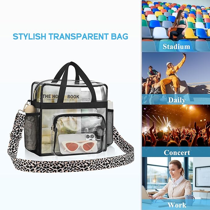 Bagenius Clear Tote Bag Stadium Approved, Game Day Satchel Bag with ‌Non-detachable Reinforced Strap for Concert, Work, Sport