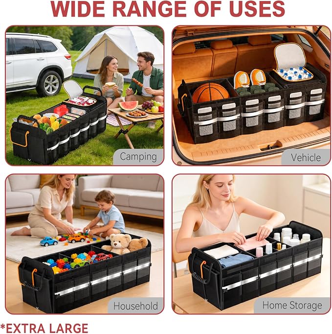 sevgili XL Heavy-Duty Trunk Organizer – Reinforced SUV & Truck Cargo Storage with 6 Adjustable Compartments, Trunk Organizer with Cooler, collapsible Large Trunk Organizer for Car with Cover