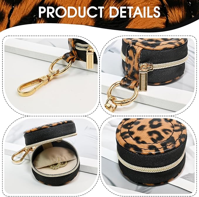 Portable Ring Keychain Holder for Gym and Travel - Jewelry Holder for Sports Bag, Compact Ring Earring Necklace Storage Case (Brown leopard print)
