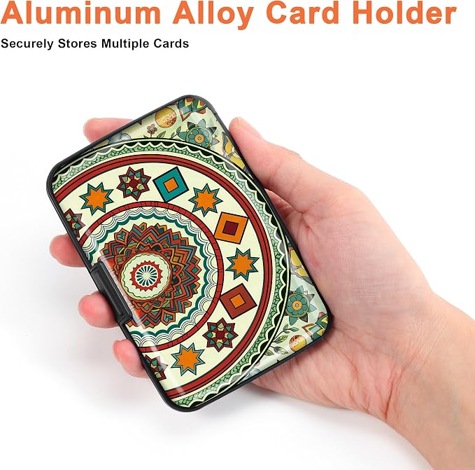 Mayski 2 Pack Credit Card Holder for Women, RFID Blocking, Red Mandala Aluminum Alloy Hard Case, Small Mini Business Metal Wallet for Men