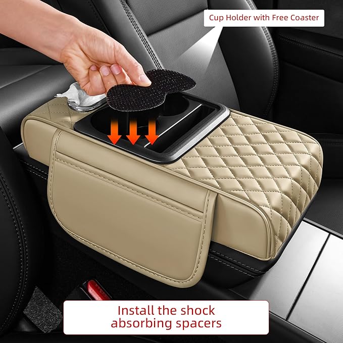 5 in 1 Car Center Console Cover, Armrest Pad with 2 Storage Pockets, Cup Holder, Tissue Slot, Phone Holder, Nappa Leather Memory Foam Car Accessories for SUV Sedan Truck (Beige)