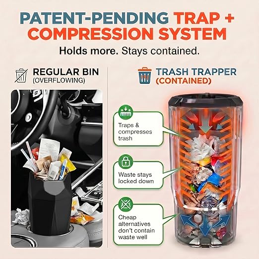 Trash Trapper Car Trash Can Cup Holder | Mini Car Trash Can | Fits in Most Doors | 5.1" x 2.9" | Traps More & Empties Less, Patent-Pending Compaction, 250th Anniversary Edition, Black/Red-White-Blue