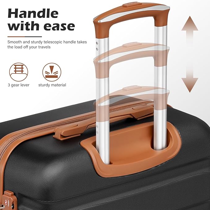Coolife Luggage 3 Piece Set, Lightweight Durable Hardshell Suitcase set with 360° Spinner Wheels, TSA-approved Lock, Checked Family Travel Luggage sets, 16/20/24/28 Inch, Apricot Black