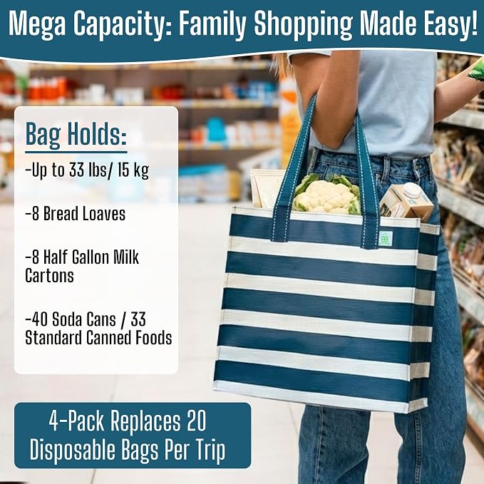 VENO 4 Pack Reusable Grocery Shopping Bags, Heavy-Duty Tote Bags with Handles, for Shopping Cart with Hard Bottom to Stand Upright, Foldable (Navy Stripe, 4 Pack)