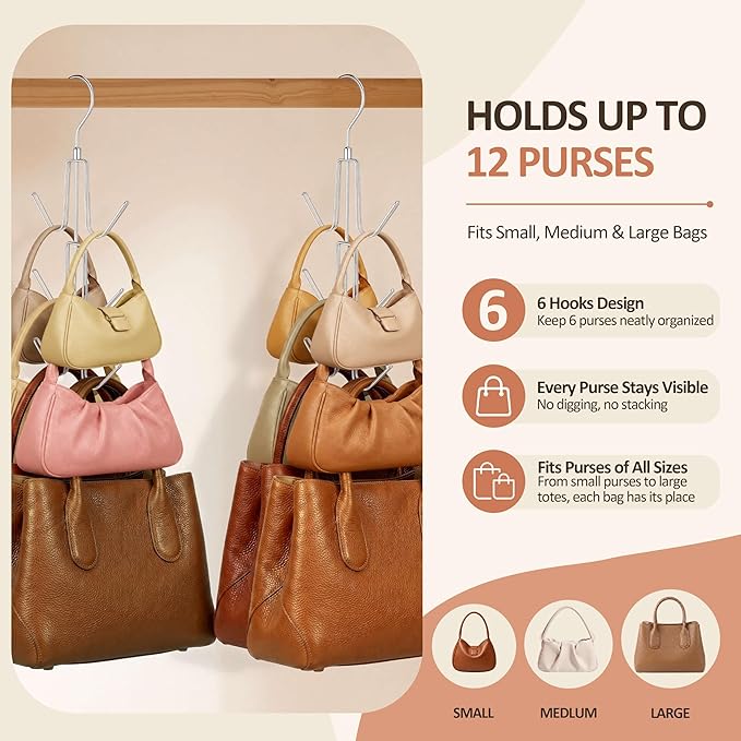 ZEDODIER 2 Pack Purse Organizer for Closet, Heavy-Duty Hanging Purse Hanger Closet Holds Up to 12 Purses, Metal Rotating Space Saving Bag Holder Handbag Storage Hook Backpack Rack, Silver