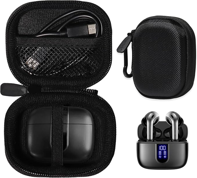 Case for TAGRY X08 Bluetooth Headphones True Wireless Earbuds 60H, mesh Pocket for Charge Cable (Black)