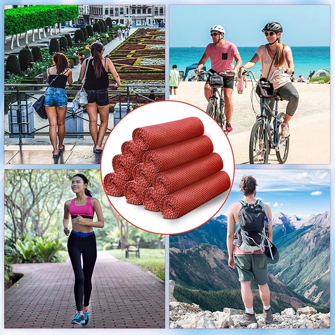 Honoson 10 Pcs Cooling Towel Bulk - Neck & Face Cool Chilly Towels Microfiber Breathable Sport Sweat Rag for Gym, Yoga, Travel, Camping, Running, Outdoor (Red)