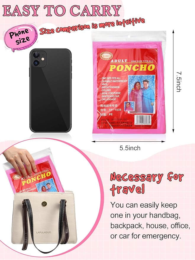 40 Pack Disposable Rain Ponchos for Adults Disposable Ponchos Pack with Drawstring Hood Elastic Sleeves Raincoat for Camping