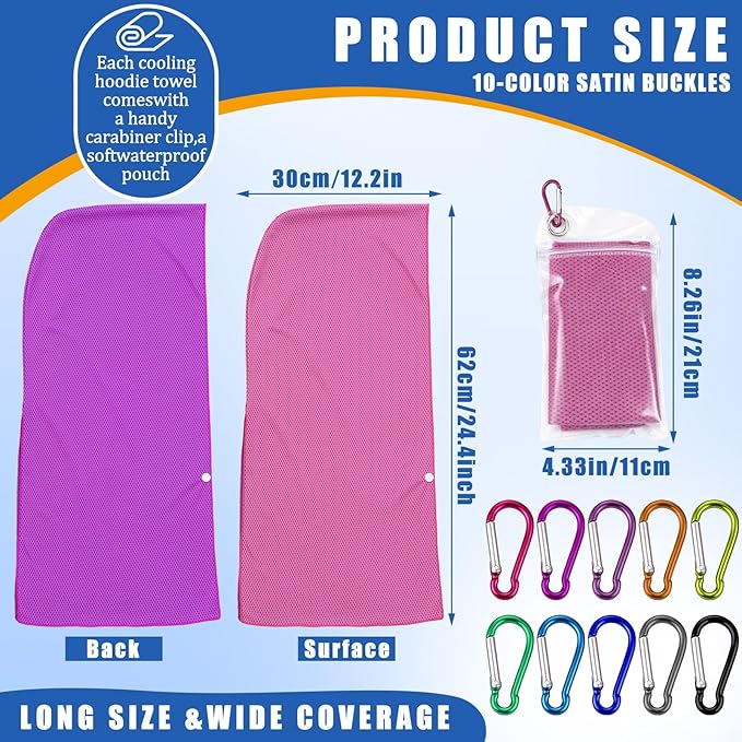 Breling 10 Pack Cooling Hoodie Towels for Neck and Face, UPF 50 Sun Protection and Evaporative Cool Technology, Ice Towels for Hot Weather Sport, Gym, Camping Summer Outdoor Activity(Multicolor)