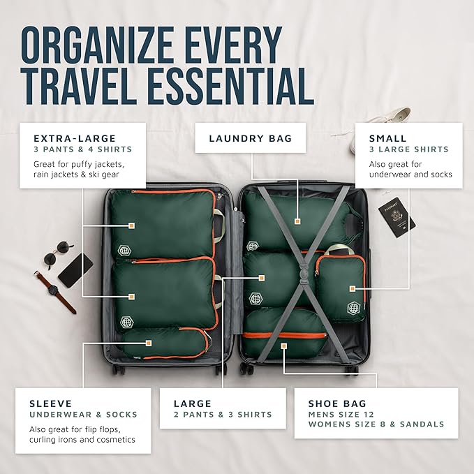 Large Compression Packing Cubes for Travel-Packing Cube Luggage Organizers 7 Piece Set for Checked Luggage-Ultralight, Expandable/Compression Bags by TRIPPED Travel Gear (Green/Orange)