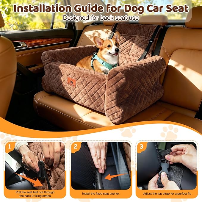 Dog Car Seat for Medium/Large Dogs up to 60 lbs, Memory Foam Dog Booster Seat with Thick Cushion, Pet Car Seat for Back with Detachable Washable Cover, Storage Pockets for SUV, Pick Up, Trunk, Brown