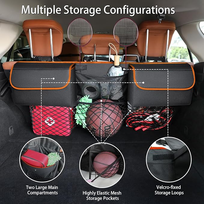 Deluxe Trunk Organizer for Car Small SUV, Backseat Hanging Trunk Organizer, Waterproof Collapsible Car Storage Bag with 6 Pockets, Reinforced No-Sag Design (Orange, Compact & Mid Size SUV)