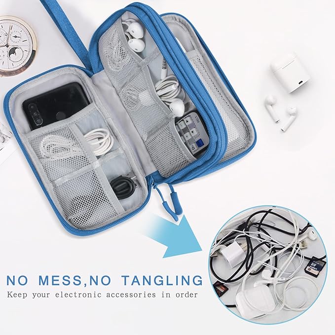 Skycase Electronic Organizer Travel Case - Waterproof Travel Cord Pouches for Organization, Cable Organizer, All-in-One Double Layers Storage Bag for Accessories, Charger, Cable, Blue - Medium