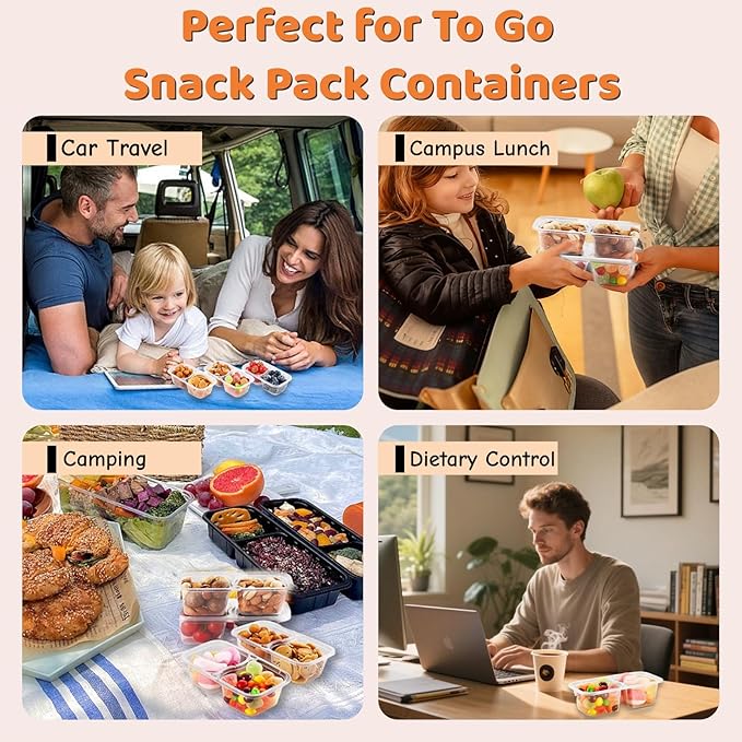 Snack Containers with Lids - 20PCS Reusable Double Compartment Condiment Containers for Portion Control, Microwave Safe Meal Prep Snack Containers for Lunch, Picnics, Parties