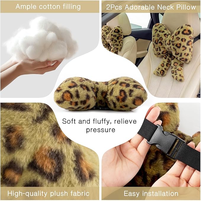 Macarrie 2 Pcs Car Neck Pillow Plush Butterfly Bow Car Headrest Pillow Comfortable Seat Neck Support Cute Head Rest Accessories for Driving Travel Driver Chair Girl Interior Decor(Green,Leopard)