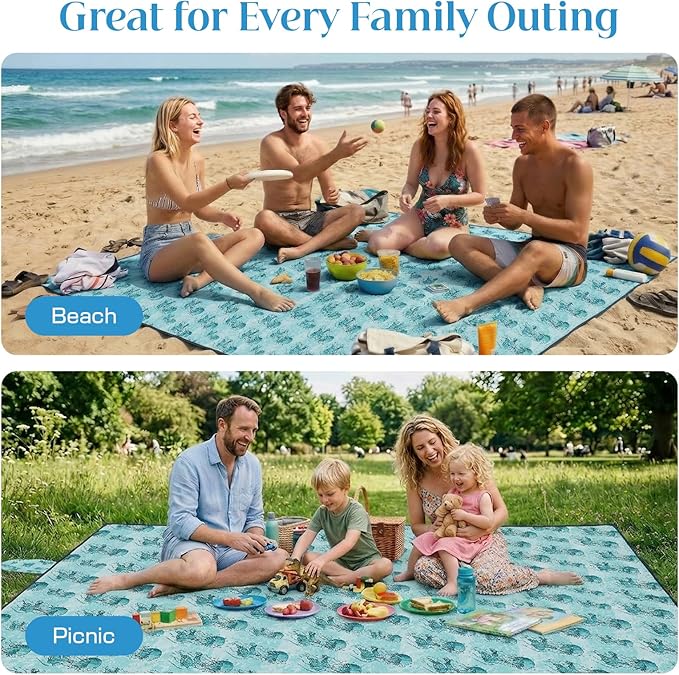 OIGAE Family Beach Blanket, 7×8 ft Sand-Free Picnic Mat for 1–4 People, Quick-Dry Lightweight Outdoor Blanket with Stakes & Corner Pockets, Jellyfish， Green