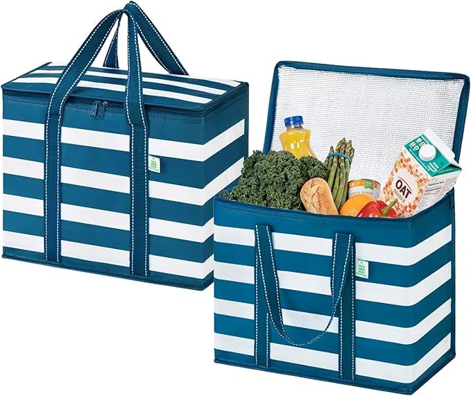 VENO 2 Pack Insulated Cooler Bag, Reusable Grocery Shopping Bag for Food Delivery, Heavy Duty, Large Size, Durable Handles, Double Zippers, Lid, Collapsible (Classic Navy Stripe, 2 Pack)